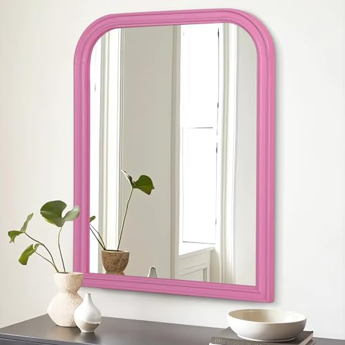 Lzuso Specchio rettangolare da parete per bagno con cornice in legno da appendere in stile rustico ad alta definizione, 66 x 45,7 cm, rosa, per camera da letto e ingresso