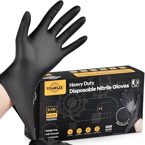 TITANflex Heavy-Duty 6 Mil Black Nitrile Gloves, Large, Pack of 100 Disposable Gloves, Fully Textured, Powder-Free, Latex-Free
