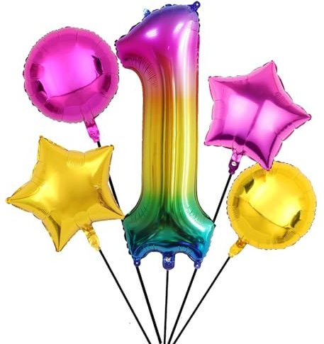 Nine San 5 Stück Regenbogen Zahl 1 Luftballons Set 100CM Giant Rainbow Zahlen 1 Folienballon Number Mylar Helium Zahlenluftballons Geburtstag Party Deko