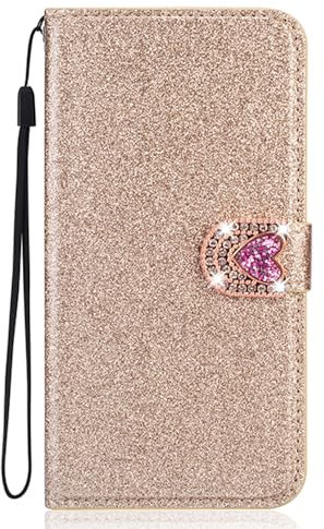 BLOTECH Girls Glitter Case für Huawei P10 Handyhülle,Hülle Sparkle PU Leder Brieftasche Glitzer Schutzhülle Bling 3D Liebe Schnalle Etui HandyCase für Huawei P10,Gold