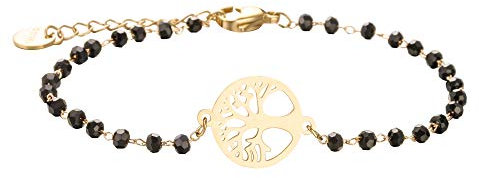 XIYINTA Bracelet d'arbre de vie pour femmes, bracelet en chaîne d'acier inoxydable plaqué or rose et argent, bracelet à breloques en perles de cristal noir (Plaqué or)