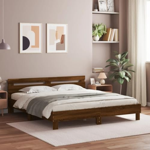 vidaXL Bettgestell, Bettrahmen mit Lattenrost, Bett Gästebett mit Kopfteil LED-Beleuchtung, Doppelbett Schlafzimmerbett Schlafzimmermöbel, Braun Eiche-Optik 180x200cm