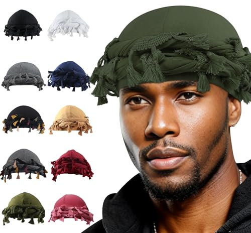 Babalet Halo Turban for Men Women Satin Lined Durag Head Wraps Scarf Skull Cap Pre-Tied Tassel Beanie Sleeping Bonnet Headwraps Chemo Hair Loss Hat,ArmyGreen