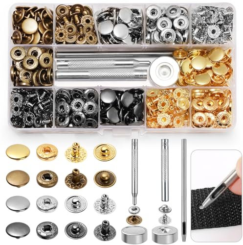 Ysimple 144 Sets Druckknopf Set, 4 Farben 12,5MM Druckknöpfe Ohne Nähen mit 4 Fixierwerkzeug Kit, Farbig Kupfer Druckknöpfe Metall Ohne Nähen für Leder Handwerk, Jacke, DIY Kleidung