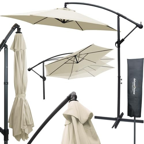 deluxe4home® Sonnenschirm Ø270 cm Creme I Ampelschirm mit Ständer & Schutzcover I Hängeschirm Terrassenschirm Handkurbel I Sonnenschutz