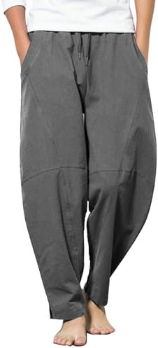 COOFANDY Haremshose Herren Leinen Hosen mit Tunnelzug Yogahose mit Taschen Sommer Lange Hosen Regular Dunkelgrau 3XL