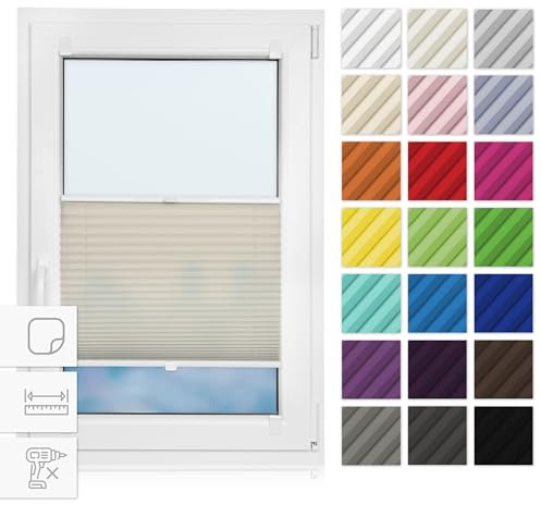 Estika Plissee zum Kleben 110 cm x 80 cm - Elfenbein - Plissee ohne Bohren, selbstklebendes Rollo für Fenster, Jalousie für innen, Fensterplissee