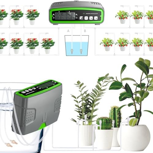 Onherm Sistema de riego automático, sistema de riego inteligente de doble bomba independiente, puede regar 20 plantas, con tubería de agua de 15 m, ideal como sistema de riego de vacaciones