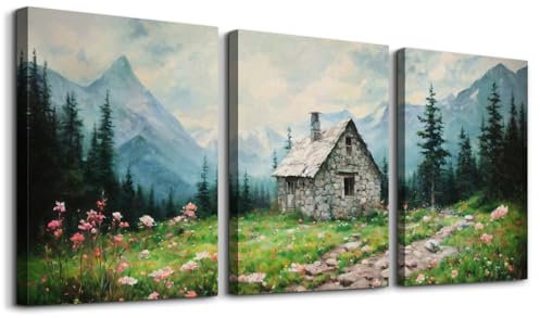 MHARTK66 Berghütten Wandbilder Set Wohnzimmer, Wiese Blumen Rustikale Landschafts Leinwand Bilder Schlafzimmer, kleines Haus Bilde Aesthetic, Natur Berg Wandeko Wandkunst Badezimmer Flur Büro