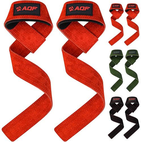 AQF Straps Palestra 100% Pelle - Neoprene Imbottita Pelle Fascette Palestra Lifting Straps - Gym Fitness Strap Bodybuilding Powerlifting - Cinghie Sollevamento Pesi Per Uomo & Donna (Rossa)