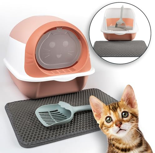 LINUMA® Katzenklo mit Deckel abnehmbar - Katzen Klo mit Katzenstreumatte, Streuschaufel & Aktivkohlefilter - Katzenklo - Katzenklo geschlossen - Katzentoilette hoher Rand (pink) Katze