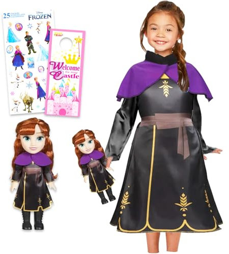 Disney Die Eiskönigin Ana Puppe und Kleid für Mädchen – Bündel mit 35,6 cm großer Frozen Puppe mit passendem Mädchen in voller Größe 4–6 x Ana-Kleid für Rollenspiele und Aufkleber | Ana Dress Up für