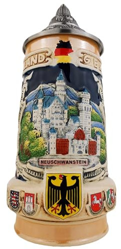 Crecontino Bierkrug mit Deckel Deutschland Steinkrug Traditionelles Bierseidel Beer Stein Mug Geschenk für Vater Männer Geburtstag Bierfest 0,7L Bundeswappen Vordergrund Neuschwanstein