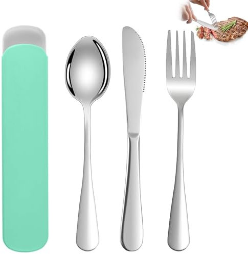 MZOYOURO 3 PCS Cutlery Set, Reusable Stainless Steel Flatware, Portable Utensils for Outdoor Travel Picnic Office Lunch Box - Green