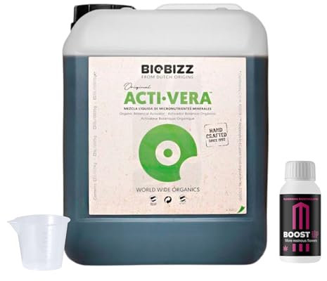 GROWMANIA Acti Vera de BioBizz 5 l + échantillon Boost Up Nutriments + Verre doseur | Solution biologique pour grands jardins | Favorise la santé et la résistance des plantes étendues