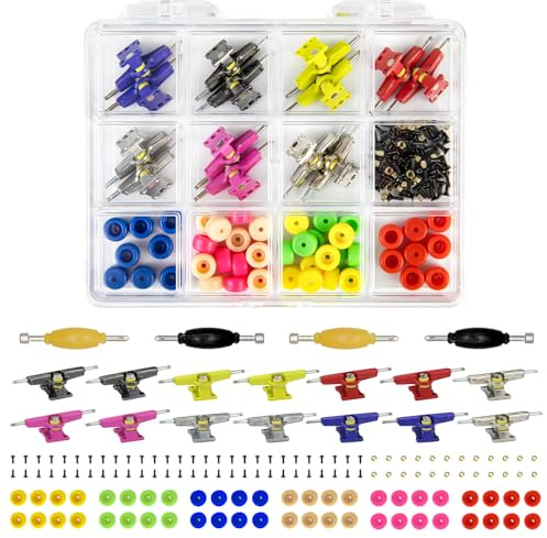DisplayMore 14PCS Multicolour Trucks & 48PCS Wheels & 60PCS Screws & 30PCS Nuts & 4PCS Spanner Tool for 96mm Fingerboard Skateboard Wooden Deck Parts Kit Tool Case