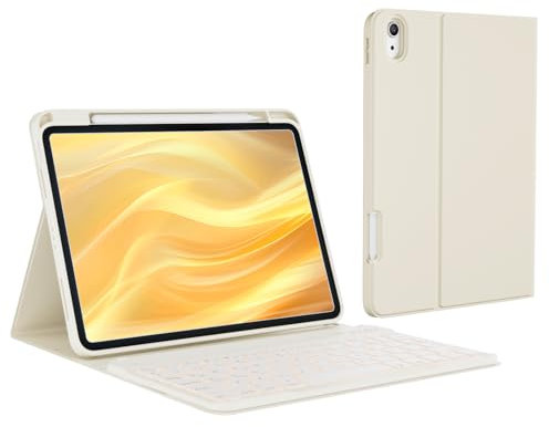 KVTVOU Custodia con tastiera per iPad 11/10° generazione (A16 2025/10,9 pollici 2022), retroilluminazione, adsorbimento magnetico, tastiera tedesca QWERTZ, bianco