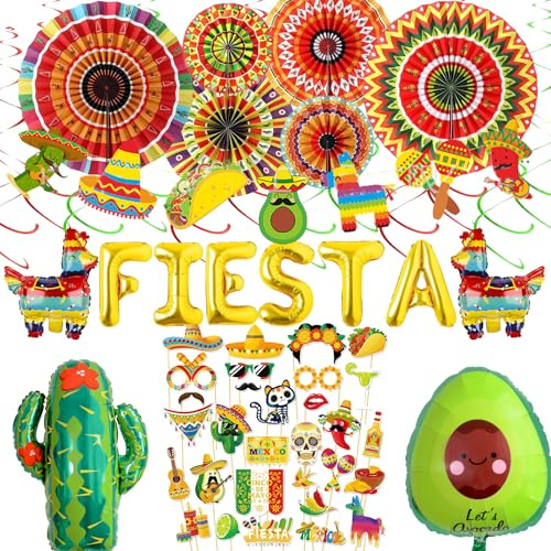 Mexikanische Party-Dekorationen, Fiesta-Thema, mehrfarbig, Papierfächer, Banner, Fiesta, Buchstabenballons, Kaktus, Piñata, Avocado-Ballon für Cinco de Mayo, Taco, Karneval, Motto-Party, Partyzubehör
