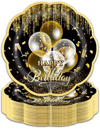 LDFDRT 7 inch Party Paper Plates for Dinner Cake Dessert 50 pcs Paper Tableware Plates Party Supplies for Birthday Holiday Wedding Baby Shower Decorations (Black Birthday)