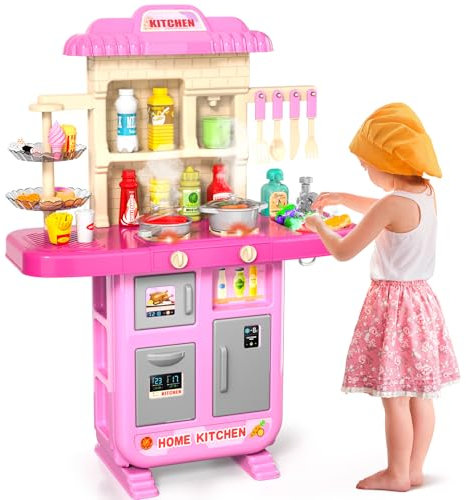 BLmukce Kids Kitchen Toy and Play Food Set, Pretend Cooking Kit with Cookware, Utensils, Fruits and Vegetables, Food Role Play Set for Toddlers and Children (Pink)
