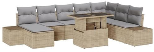 vidaXL 9-teiliges Garten-Sofa-Set mit Kissen in Beige aus Poly Rattan | Modulares Outdoor-Sitzdesign, bequem, leicht aufzubauen, Unisex, entspannt für Balkon, Terrasse und Lounge-Möbel.