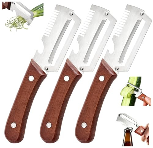KutaKuta 3 PCS Multifunctional Vegetable Peelers with Wooden Handle, 3 in 1 Peel and Julienne Vegetables/Furit, Open Bottle, Zero Snag Multi Function Peeler Knife for Pumpkin Peeling Potato Carrot