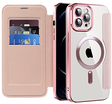 LEMAXELERS Case for iPhone 12 Pro [Compatible with Magsafe] Flip Folio Wallet Case with Card Slot RFID Blocking Magnetic Back Clear Shockproof PU Leather Slim Cover for iPhone 12 Pro Pink JD