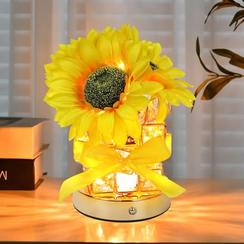 mumisuto Tischlampe Kabellos,Akku Tischleuchte Stufenlose Touch Dimmbare,Nachttischlampe Mit 3 Farbmodi,Tischlampe Sonnenblumen Vintage,Ip54 Wasserdicht FüR Restaurant,Schlafzimmer,Party,Camping