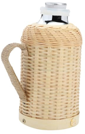 FUNOMOCYA Botella Térmica De 1,3 Litros Funda De Bambú Tejido, Vidrio Interior, Hervidor Térmico Asa Desmontable, Aislamiento Prolongado Para Hogar y Oficina, Color Oscuro Bambú
