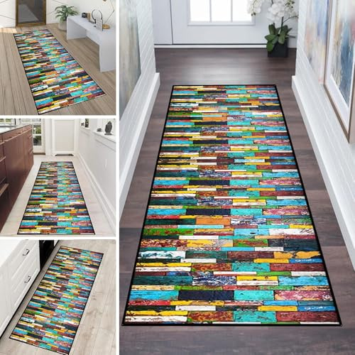 LUMIPAP Teppich Läufer Flur Teppichläufer Küchenläufer Küche Teppiche rutschfest Waschbar Bettvorleger für Flur Waschküche, 70x200cm Bunte Holzplatten