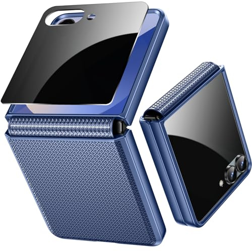 Fewdew für Samsung Galaxy Z Flip 7 Hülle mit Privacy Screen Bildschirmschutz & Scharnierschutz, Unterstützt kabelloses Laden, Hard PC Stoßfest Kratzfest Schutzhülle für Galaxy Z Flip 7,Dark Blue