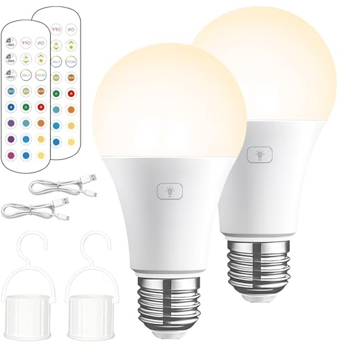 Behogan Lot de 2 ampoules LED E27 : ampoule rechargeable, intensité variable avec télécommande, fonction de minuterie, lampe avec télécommande pour le camping en plein air et l'éclairage intérieur