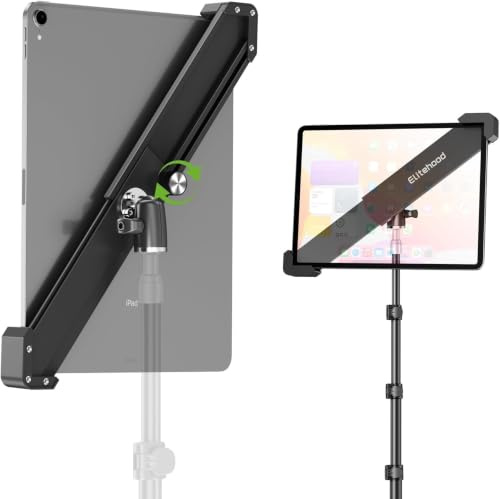 elitehood Heavy Duty Aluminum Diagonal iPad Tripod Mount | 360 Rotatable Universal iPad Holder Mount for Tripod Fit 9-13” Tablets, Compatible with 1/4'-20 Thread Tripods & Monopods