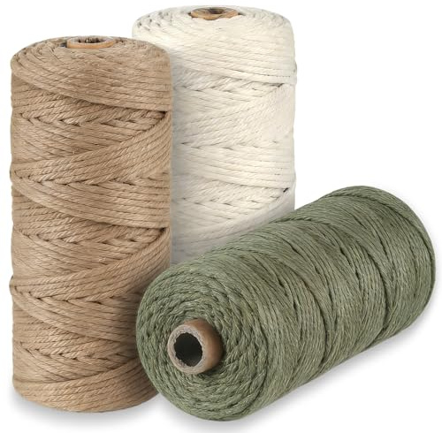 Lot de 3 rouleaux de cordon épais en coton naturel pour macramé - 3 mm x 100 m - Pour suspension murale, suspension de plantes, loisirs créatifs, tricot, projets décoratifs