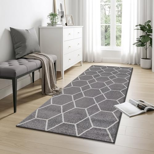 SANAT Wohnzimmerteppich – Pflegeleicht, für jeden Raum geeignet – Öko-Tex zertifizierter Flächenteppich – Trellis Muster, Grau, 80 x 150 cm