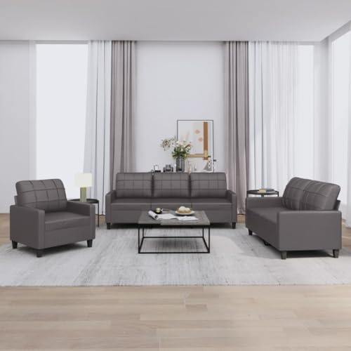 Iiaky Sofa Set 3 2 1 Wohnzimmer Sofagarnitur 3-2-1Couchgarnitur WohnzimmerSofa Kunstleder-Grau-Mit Kissen