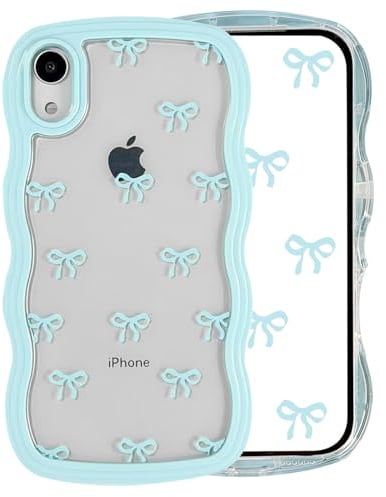 Riccase for iPhone XR Case Bow Curly Wave Frame Phone Case, Shockproof Clear Soft Transparent Silicone Protective Bumper Cover for Women Girls, Blue