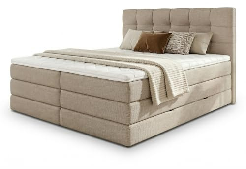 Sofnet Boxspringbett Best XL mit 2 Bettkästen und Topper, mit Taschenfederkern- und Bonellfederkernmatratze, Doppelbett, Polsterbett aus Webstoff mit Stauraum (Beige (Inari 22), 160 x 200 cm)