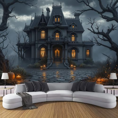 WIVCOMD Dark Gothic Wall Mural Wallpaper, Retro Castle Panoramic Photo Wall Decor, Charcoal Black Wall Art for Living Room Dining Room Bedroom - 200 x 140 cm