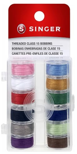SINGER 21495 Class 15 Threaded Bobbins, Transparent, Assorted Colors, 12-Count