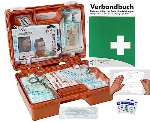 Erste-Hilfe-Koffer BG für Betriebe nach aktueller DIN 13157 inkl. DIN 13164 für KFZ - MIT 90°-Arrettierung zur Öffnung an der Wand incl. Verbandbuch Kleiner Verbandkasten