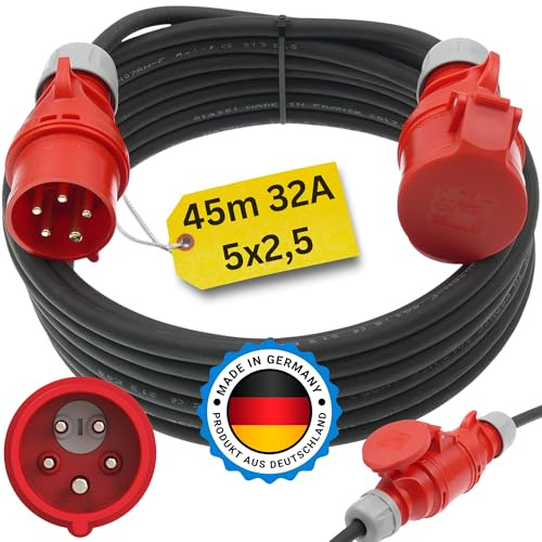 netbote24 Starkstromkabel 32A 45m mit Phasenwender H07RN-F 5x2,5 Starkstrom Verlängerungskabel CEE Verlängerung 32 Ampere Kabel 5x2,5mm2 Baustelle Werkstatt Industrie Geeignet Outdoor IP44