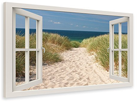PICSonPAPER Leinwandbild Fensterblick zum Strand, 70 cm x 50 cm, Dekoration, Kunstdruck, Wandbild, Geschenk, Leinwand Natur, Nordsee