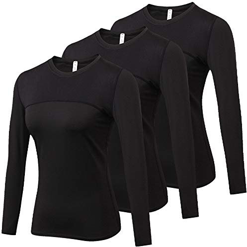 Yuerlian 3 Pack Womens Long Sleeve Performance Base Layer Running Training Top, XL, Black