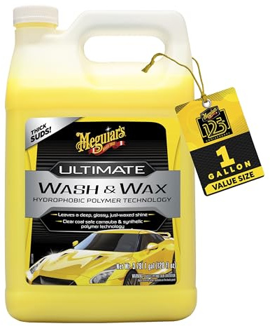 Meguiar's Ultimate Wash and Wax, Car Wash Soap and Wax Cleans & Shines in One Step, Shine & Protect with an Enhanced pH Balanced Car Paint Cleaner, 1 Gallon