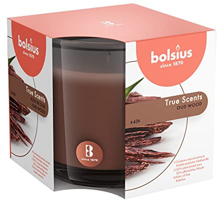 bolsius Large Glass Scented Candle Oud Wood, Wax, Brown, Braun