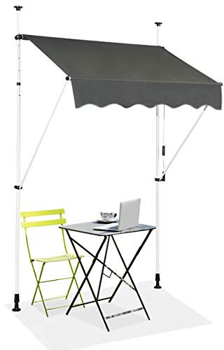 GOPLUS Klemmmarkise 150cm breit, Markise Balkon ohne Bohren, Markise mit Handkurbel, UV-beständig höhenverstellbar wasserabweisend, Sonnenschutz für Balkon Terrasse & Garten (Grau, 150cm)