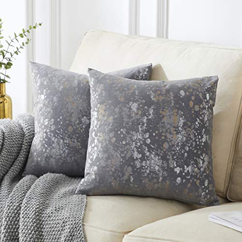 OMMATO Samt Kissenbezug 40x40 cm Silber Gold Kissenbezüge Dekorative Kissenhülle Dekokissen für Sofa Schlafzimmer Wohnzimmer Grau 2 Stück