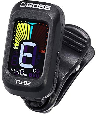 BOSS TU-02 Chromatic Clip-On Tuner for Guitar, Bass and Ukulele | Reliable and Precise Battery Powered Tuner with High-Contrast Colour Display and BOSS Warranty , Black