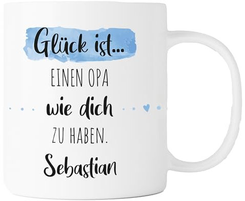 Personalisierte Kaffee-Tasse (Glück ist...) mit eigenen Wunschname. Für die Beste Freundin, Opa, Oma, Mama, Papa. Schönes Geschenk oder kleine Aufmerksamkeit | Muttertag (Bester Opa #2, Weiß/Blau)